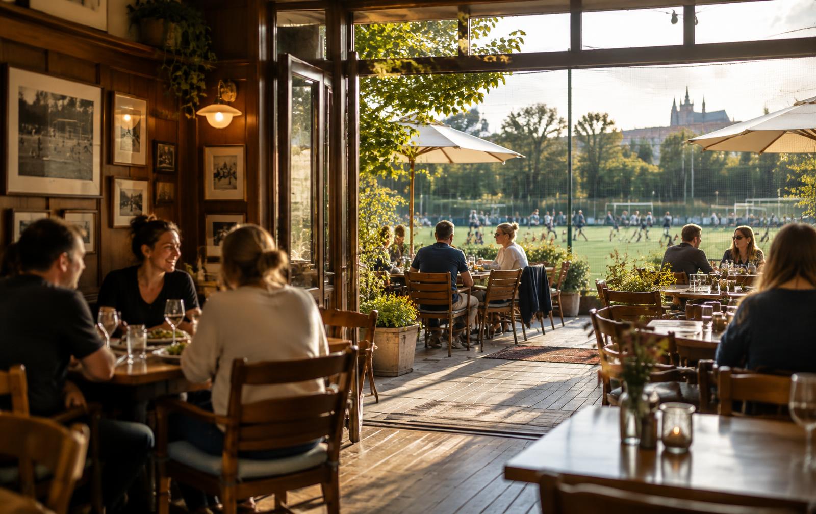 Útulná restaurace s venkovním posezením u hřiště pozemního hokeje